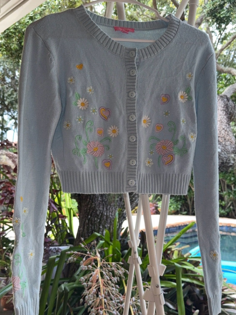 Sugar THRILLZ Light Blue Floral Embroidered Cropped Cardigan Sweater